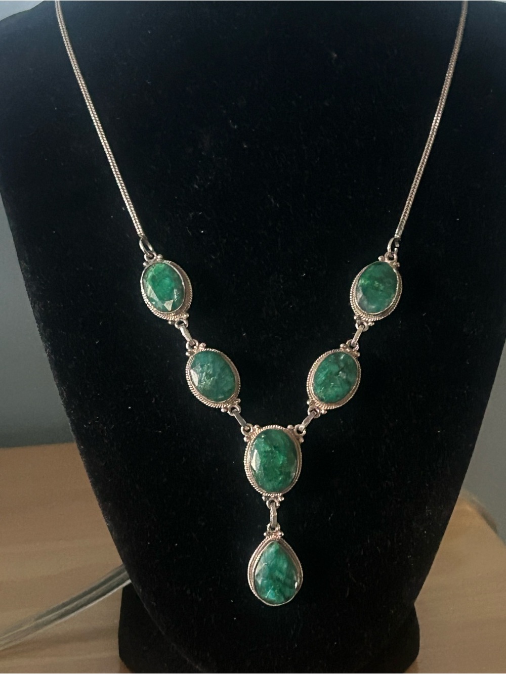 Raw Emerald Y-Drop Stone Necklace in 925 Sterling Silver